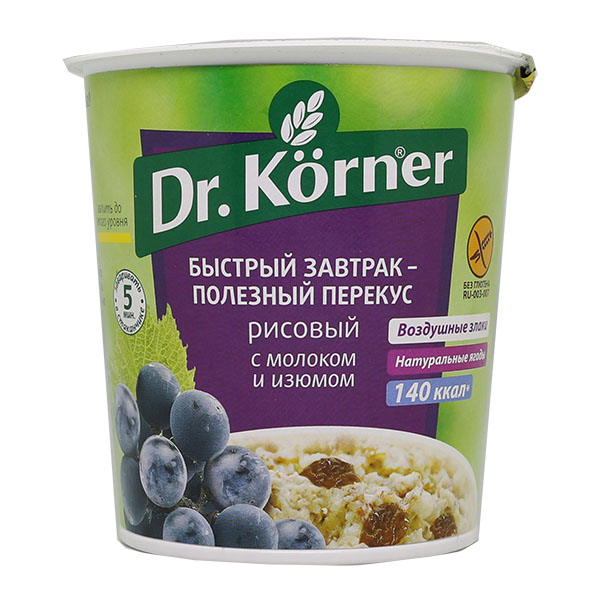 Купить кашу быстрого приготовления рисовую с молоком и изюмом Dr Korner без глютена в Москве